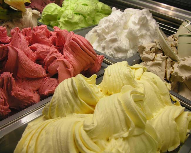 Various flavors of ice cream and gelato presentation